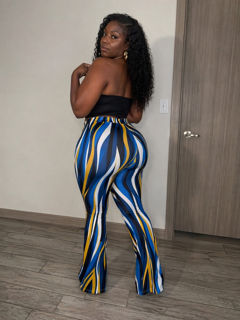 Women’s XL High Waisted Flare Pants – Blue Yellow Striped Stretch Bell Bottoms